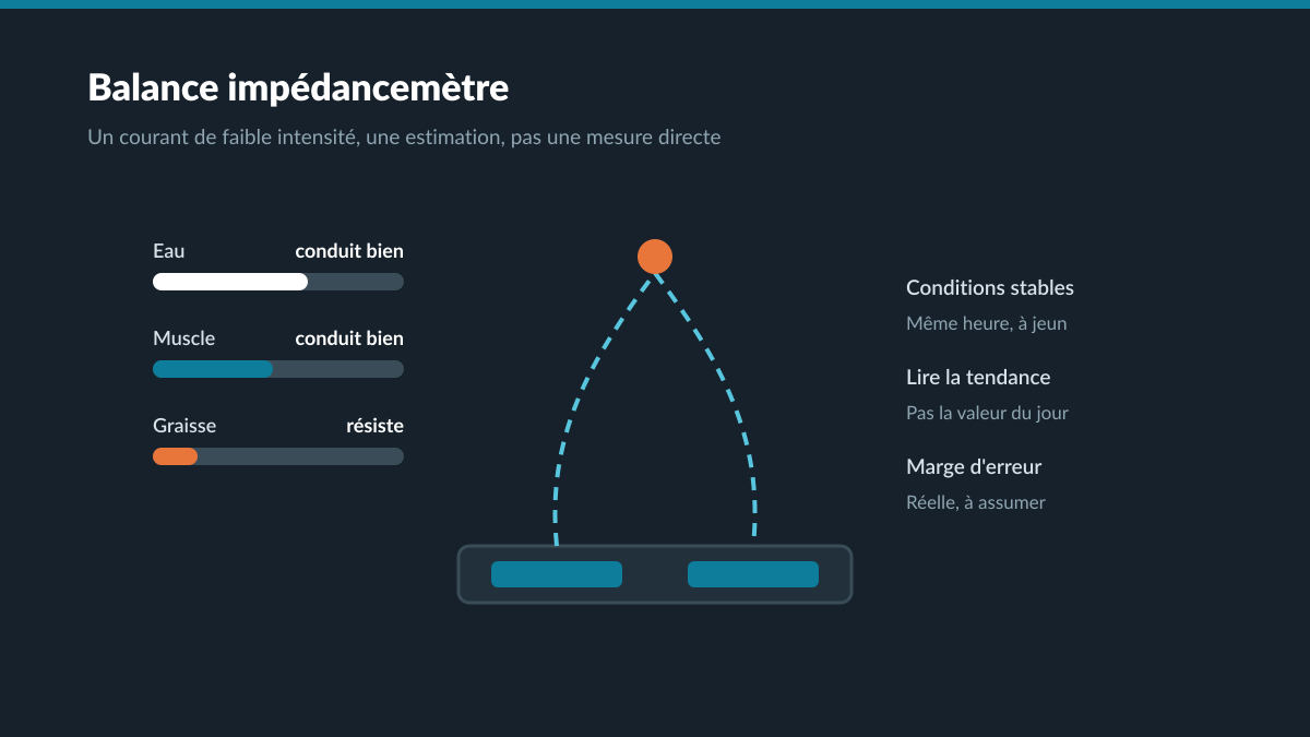 Trajet du courant d'une balance impédancemètre et conductivité de l'eau, du muscle et de la graisse