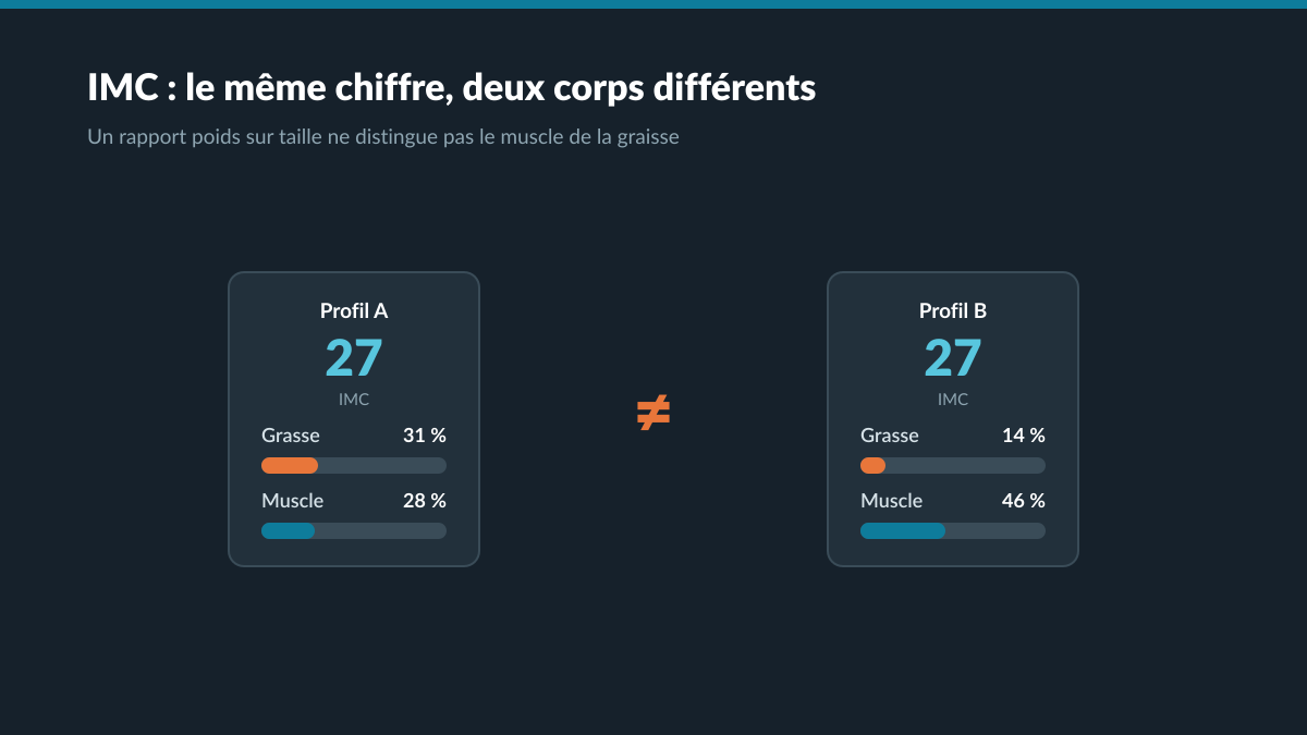 Deux profils au même IMC de 27 avec des compositions corporelles très différentes