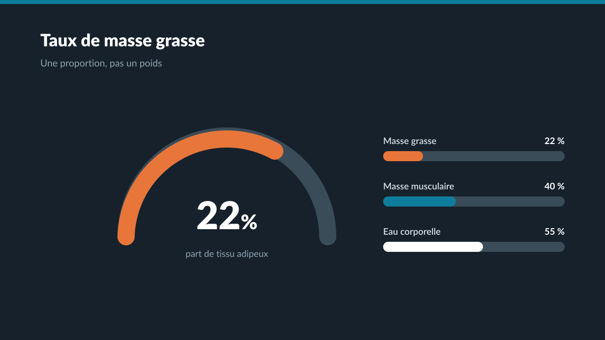 Jauge de taux de masse grasse et répartition entre masse grasse, masse musculaire et eau corporelle